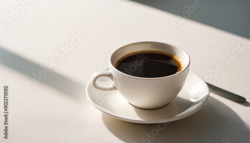 A hot cup of coffee on a saucer, set against a white background, casting a subtle shadow. © svetograph