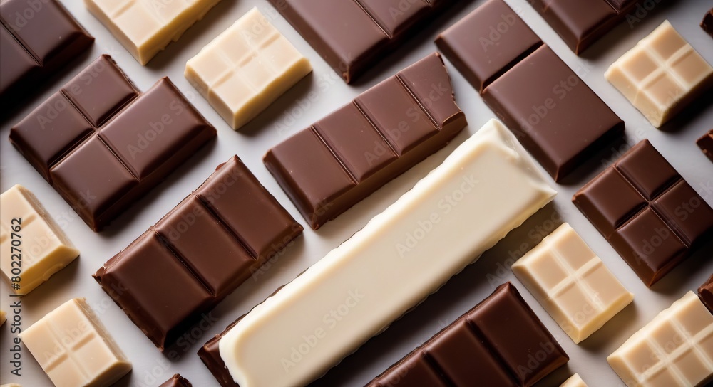 White and milk chocolate isolated. Top view of various chocolate bars