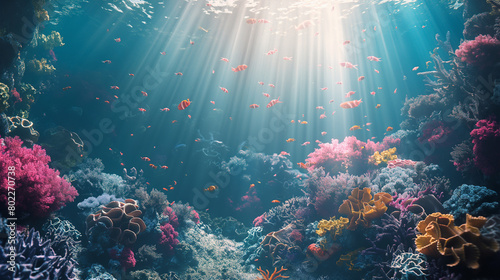 A surreal underwater cityscape with intricate coral reefs, exotic sea creatures, and sunbeams filtering through. © muhammad
