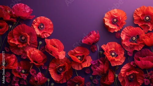 Anzac Day Tribute: Red Poppy Flowers on Purple Background - AI Generated Digital Design photo