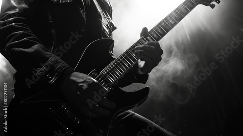 Guitarist playing rock music in the style of black and white photo