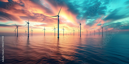 Alternative and clean energy  farm of wind turbines offshore against a beautiful sunset on the sea