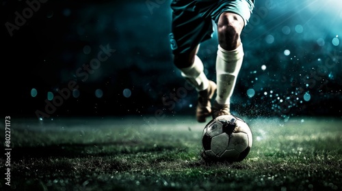 Close up of a soccer player kicking a ball on grass, with a dark background photo