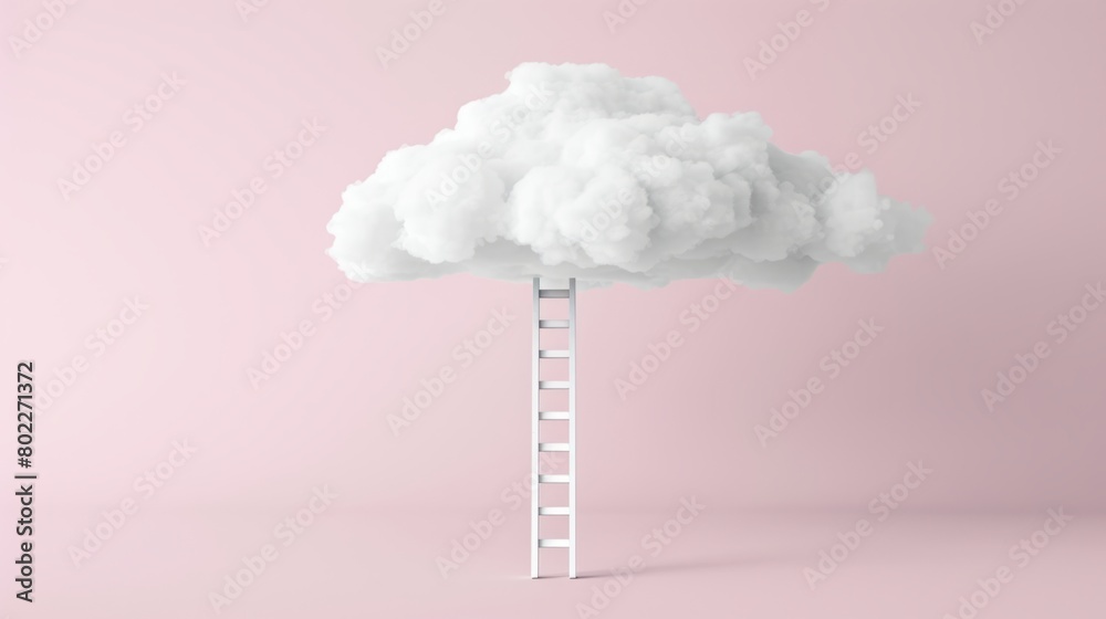 A conceptual image showcasing a white fluffy cloud supported by a ladder against a soft pink background. This image stimulates fantasy and creative thinking.