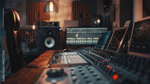 A serene scene of a music studio, its soundproofed walls and state-of-the-art equipment capturing the creative process of music production on Global Beatles Day.