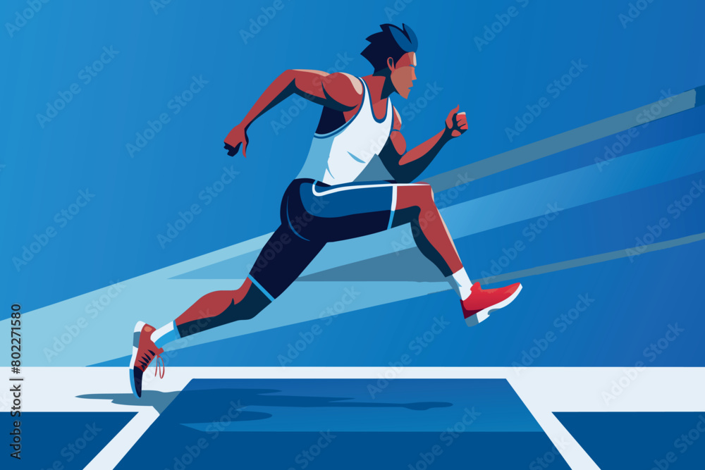 A man running on a track with a blue background
