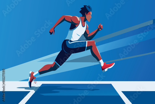 A man running on a track with a blue background