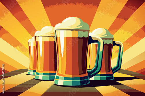 Four glasses of beer are shown in a row, with the top one being the tallest