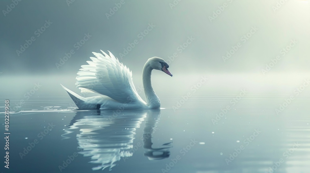 Fototapeta premium A single swan gliding over calm waters, graceful and serene