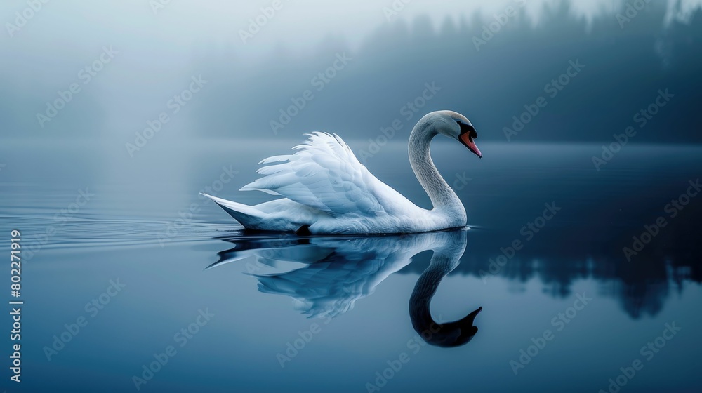 Fototapeta premium A single swan gliding over calm waters, graceful and serene