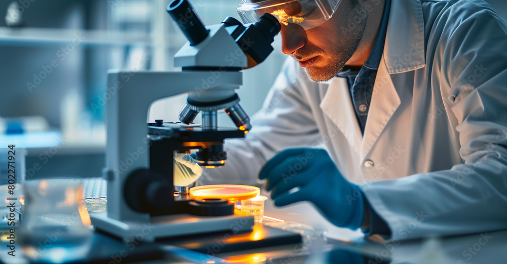 Scientist examining samples under a microscope in a lab Scientist examining samples under a microscope in a lab