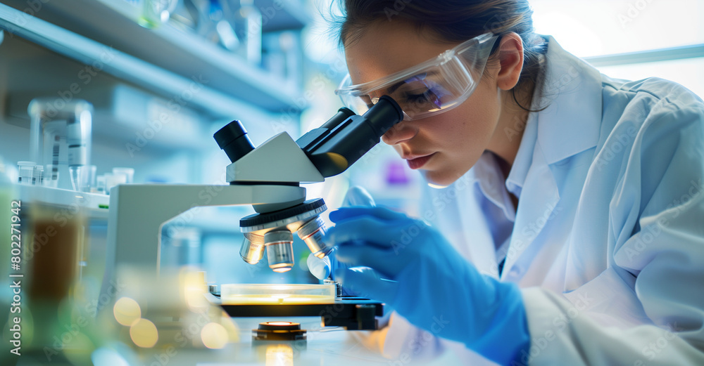 Female scientist using a microscope in a laboratory setting