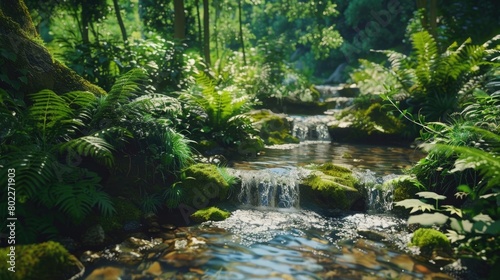 A serene scene of a gentle stream flowing through a lush forest  embodying the idea of renewal and healing for National PTSD Awareness Day.