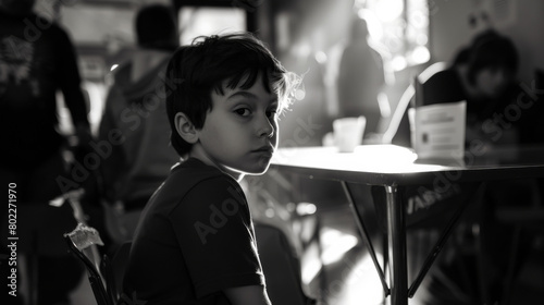 A boy sits at the table in school, his head tilted slightly to one side as he looks directly into the camera with an expression that suggests curiosity or attention focused on something nearby.