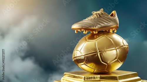 Gleaming Golden Football and Soccer Shoes on Regal Pedestal Symbolizing Pinnacle of Sports Achievement Generative ai photo