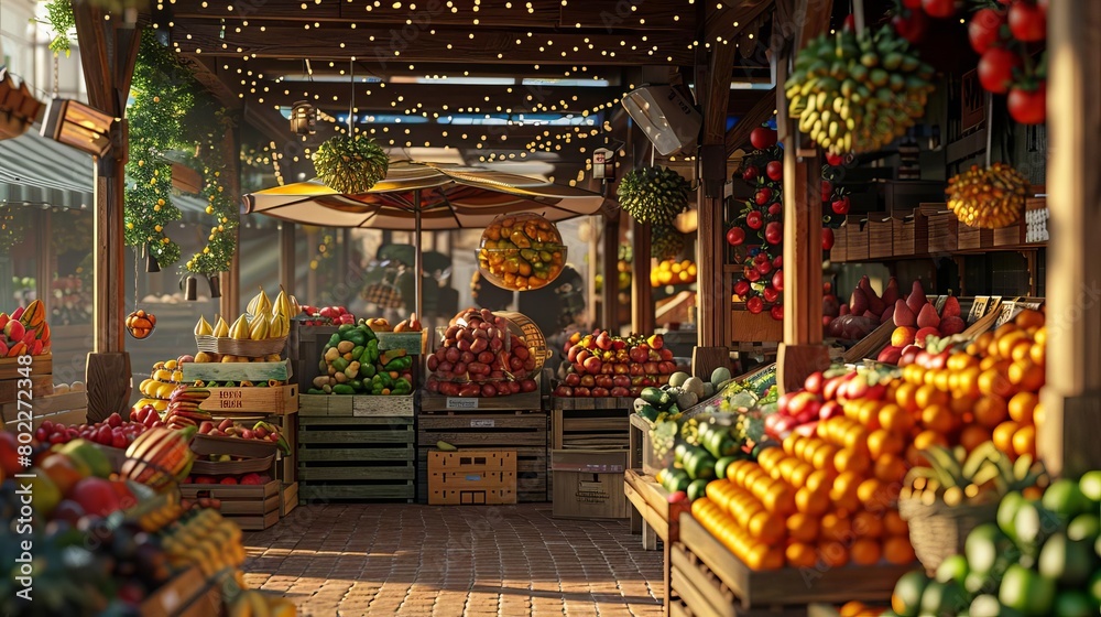 Render a digital 3D visualization of a dynamic rear view of a fruit market, featuring realistic lighting and intricate details of various fruits on display Create a photorealistic scene that immerses Render a digital 3D visualization of a dynamic rear view of a fruit market, featuring realistic lighting and intricate details of various fruits on display Create a photorealistic scene that immerses