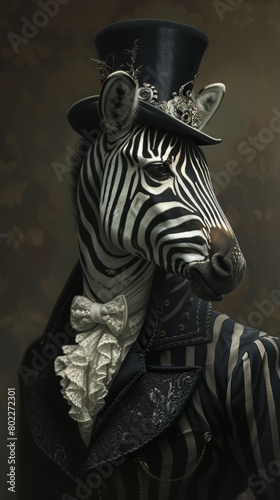 Stylish zebra in a monochrome ensemble  sporting a top hat with zebra stripes