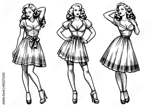 woman in retro fashion posing in three different stylish manners femininity sketch engraving generative ai fictional character PNG illustration. Scratch board imitation. Black and white image.