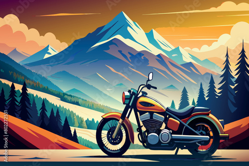 A motorcycle is parked on a road in front of a mountain range