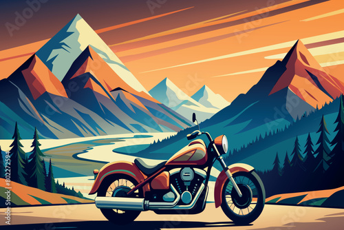 A motorcycle is parked on a road in front of a mountain range photo