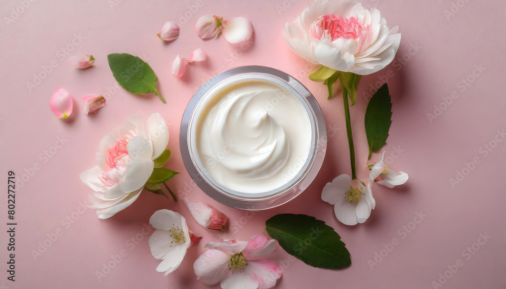 Top view open cosmetic cream jar container, white flowers and green leaves on pink background