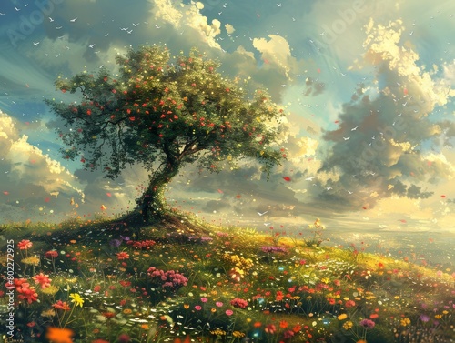 Stunning digital artwork of a solitary tree with vibrant blossoms in a lush  magical meadow