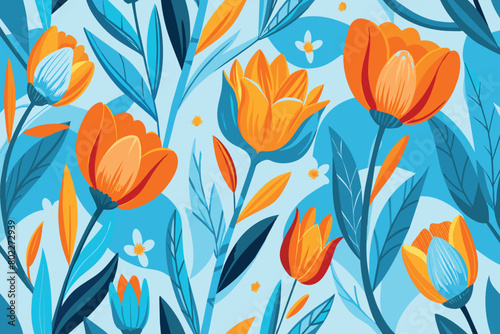 A blue and orange flower pattern with a blue background