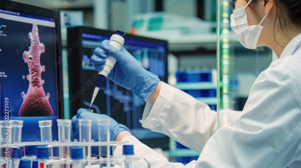 Side View Of An Asian Female Scientist With Medical Mask Using A Micro Pipette In A Test Tube For Test Analysis In A Laboratory Side View Of An Asian Female Scientist With Medical Mask Using A Micro Pipette In A Test Tube For Test Analysis In A Laboratory
