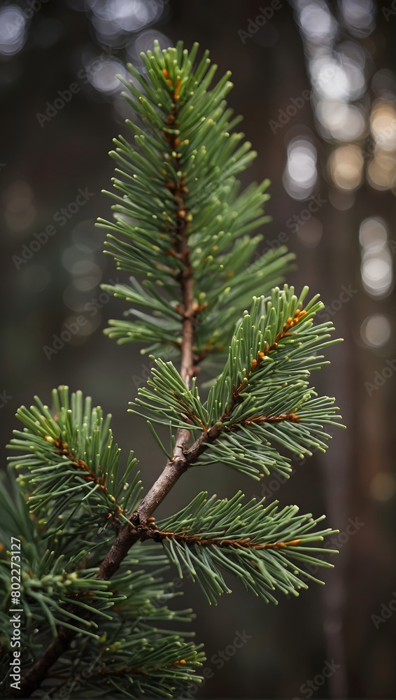 a rustic Christmas branch, Depict a simple yet elegant pine twig, evoking holiday warmth.