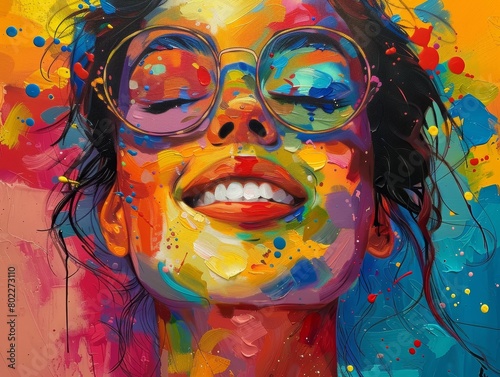 Abstract oil painting featuring rich impasto technique and a spectrum of colors  concept of happiness through colors  a smiling happy person 
