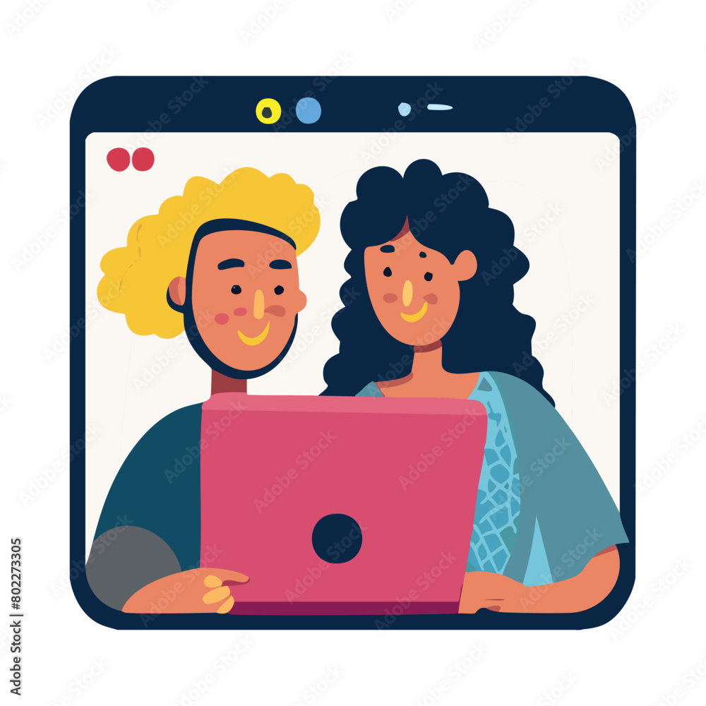 illustration of two characters looking at the same laptop screen for a discussion or video meeting illustration of two characters looking at the same laptop screen for a discussion or video meeting