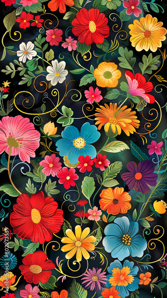 Multi-colored Flowers Pattern. Generated Image. A digital illustration of a multi-colored flowered pattern with a black background. Multi-colored Flowers Pattern. Generated Image. A digital illustration of a multi-colored flowered pattern with a black background.