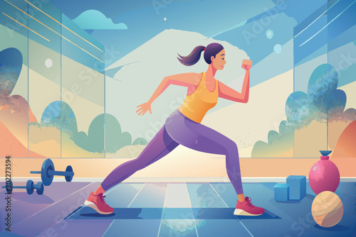 A woman exercises in a gym with dumbbells and a yoga ball nearby