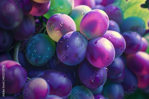 Render the rear perspective of a cluster of organic grapes, each grape glistening in natural light, showcasing the varying shades of purple and green, inviting the viewer to reach out and pluck one