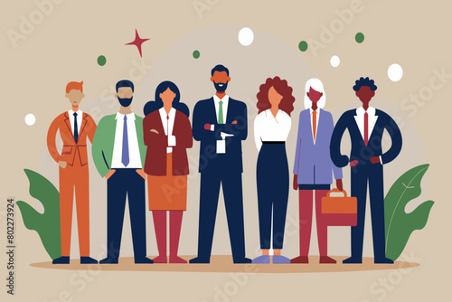 Cartoon of a multiethnic team of professionals, dressed for success