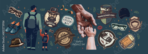Vector illustration collection for Father's Day featuring icons like beer, glasses, hats, and heartwarming father-child moments