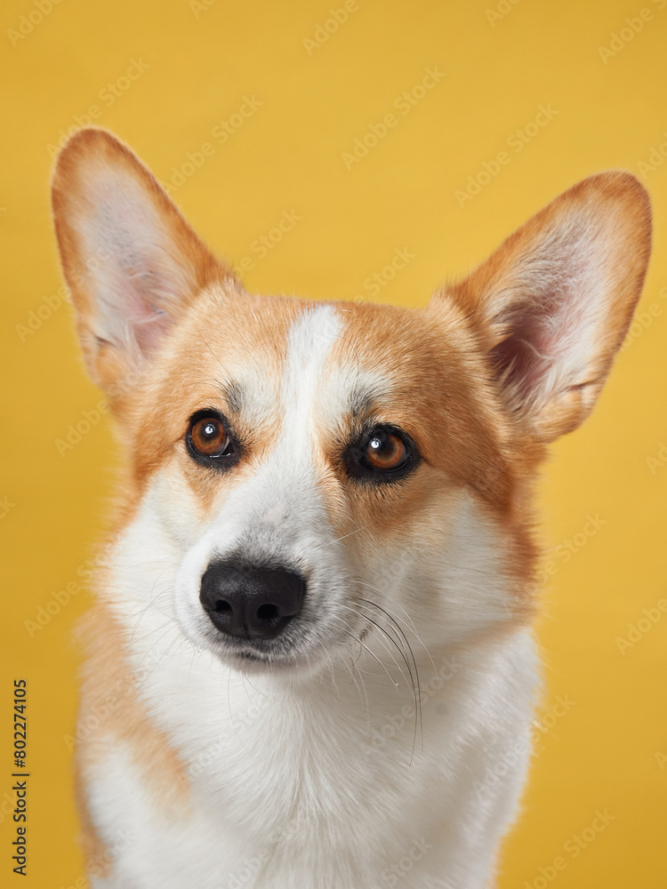 An attentive Pembroke Welsh Corgi dog sits gracefully, with ears perked, on a warm yellow background. The portrait exudes the dog noble character and friendly essence in a cozy studio setting
