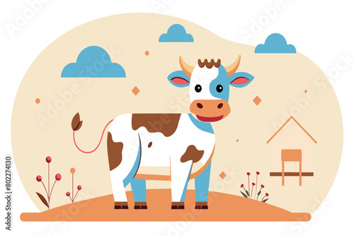 Stylized cartoon cow with a pleasant expression outdoors