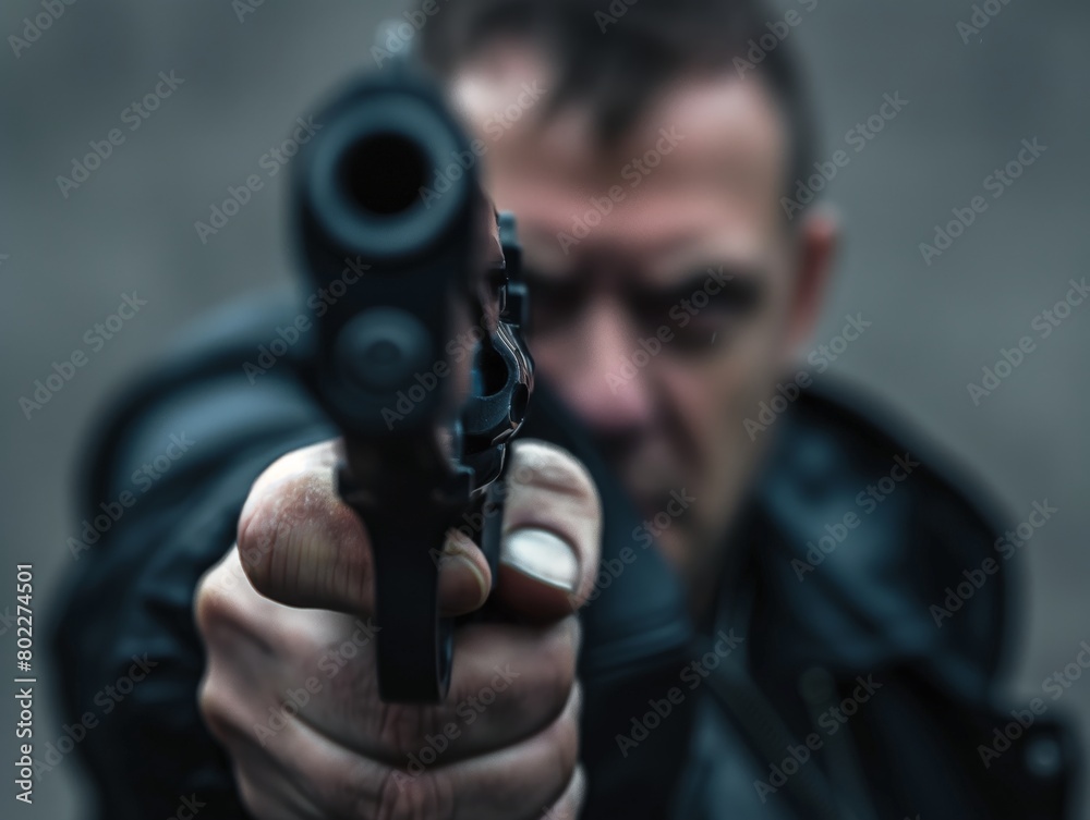 Obraz premium A focused man with intense gaze aiming a handgun directly at the camera, with shallow depth of field.