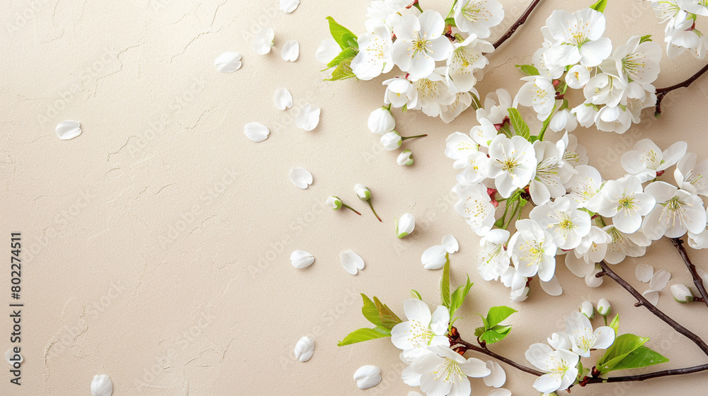 a branch of cherry blossoms on a beige background.