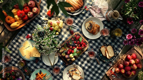 A picnic spread with tableware  fruit  and flowers on a plaid blanket. Enjoy natural foods  vegetable dishes  and a beautiful outdoor event AIG50