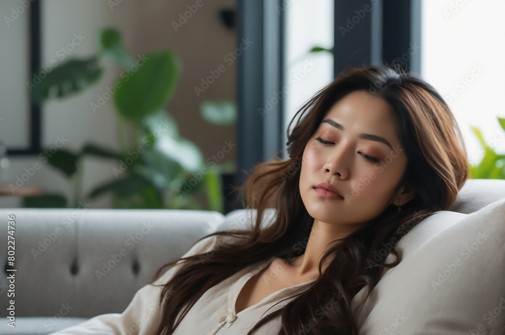 Entspannte asiatische Frau ruht auf einem grauen Sofa in einem stilvoll eingerichteten Wohnzimmer mit Pflanzen. Entspannte asiatische Frau ruht auf einem grauen Sofa in einem stilvoll eingerichteten Wohnzimmer mit Pflanzen.