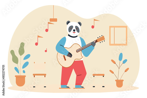 A panda bear strumming a guitar inside a room