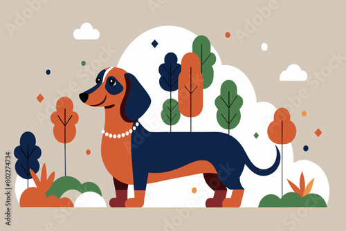 Cartoon dachshund with a pearl collar strolls in a fall setting