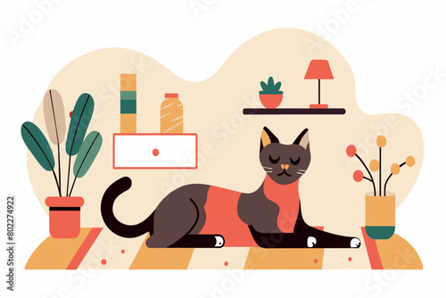 A serene cat relaxes in a stylized home environment