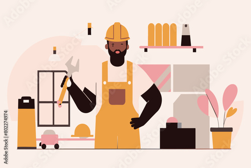 A smiling worker in overalls with a hammer, ready to renovate
