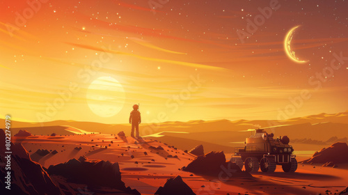 Astronaut exploring Mars at sunset with futuristic rover