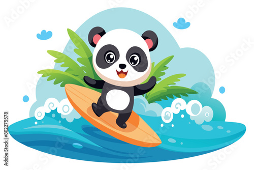 A cartoon panda is riding a surfboard on a wave