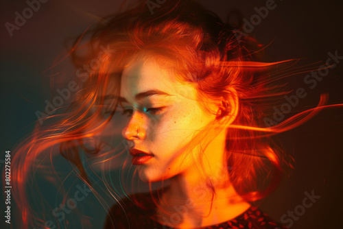Vibrant portrait of a woman with dynamic hair movement