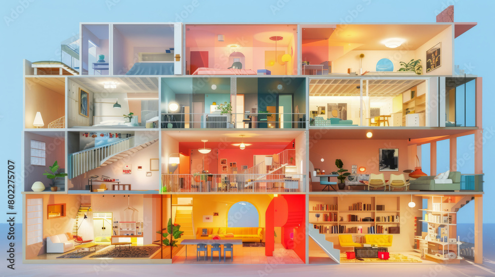 Colorful cross-section of a multi-story modern house